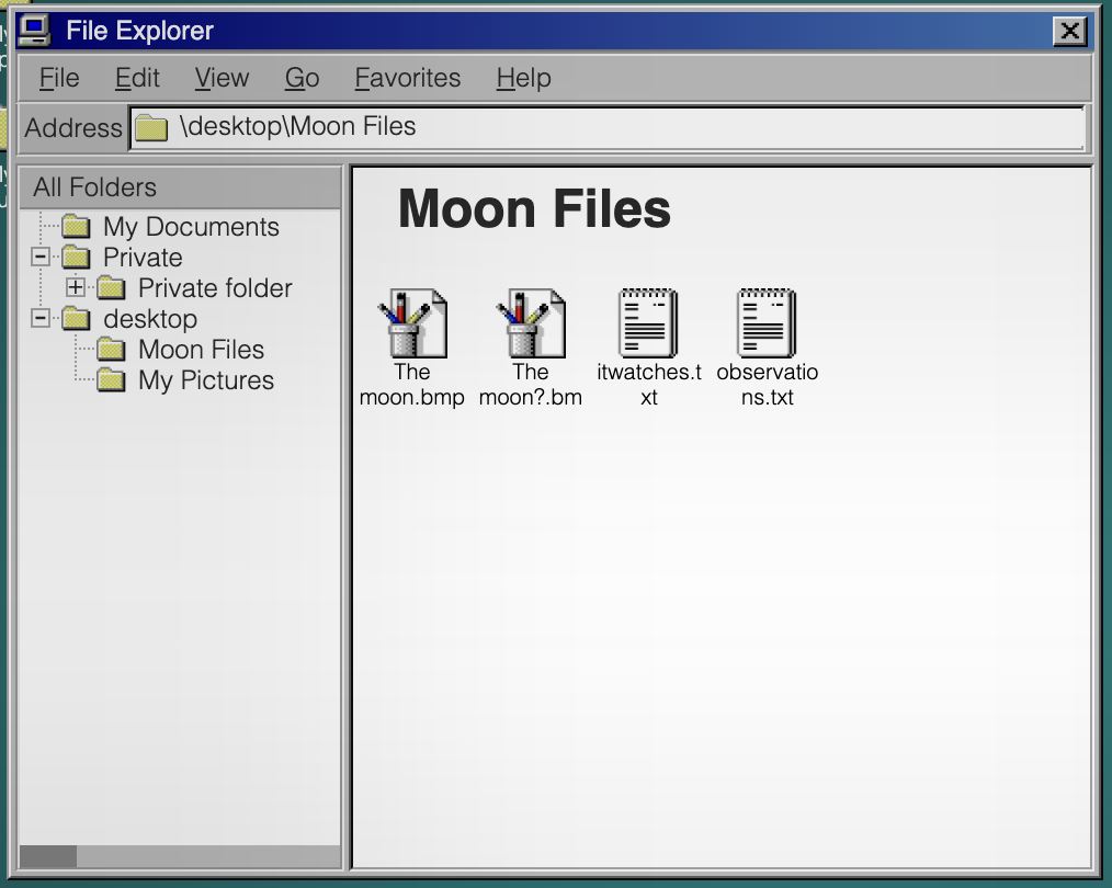 file explorer window. it has a menubar and an address bar, along with a folder tree and the contents of the current folder (displayed in a desktop-like view)