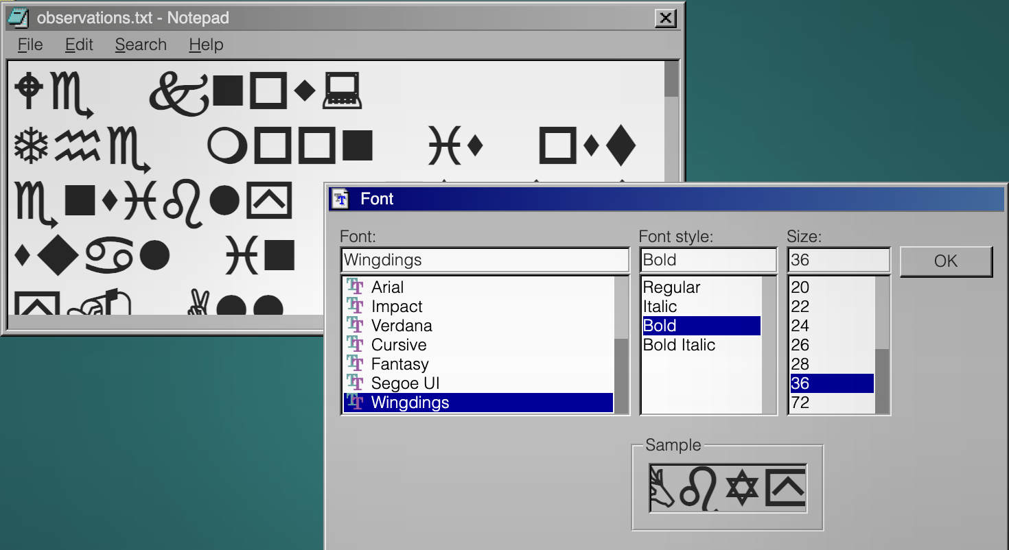 the font select window. there are three entry fields for selecting a font, a font style (bold, italic, bold italic, normal), and a font size respectively. these modify the contents of the notepad window in real time.